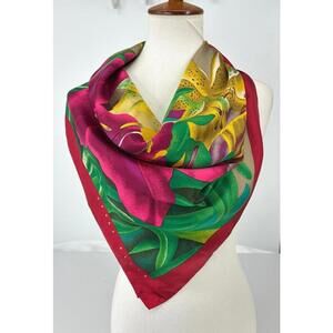 Perry Ellis Beautiful Floral Silk Lily Print Scarf with Red Border